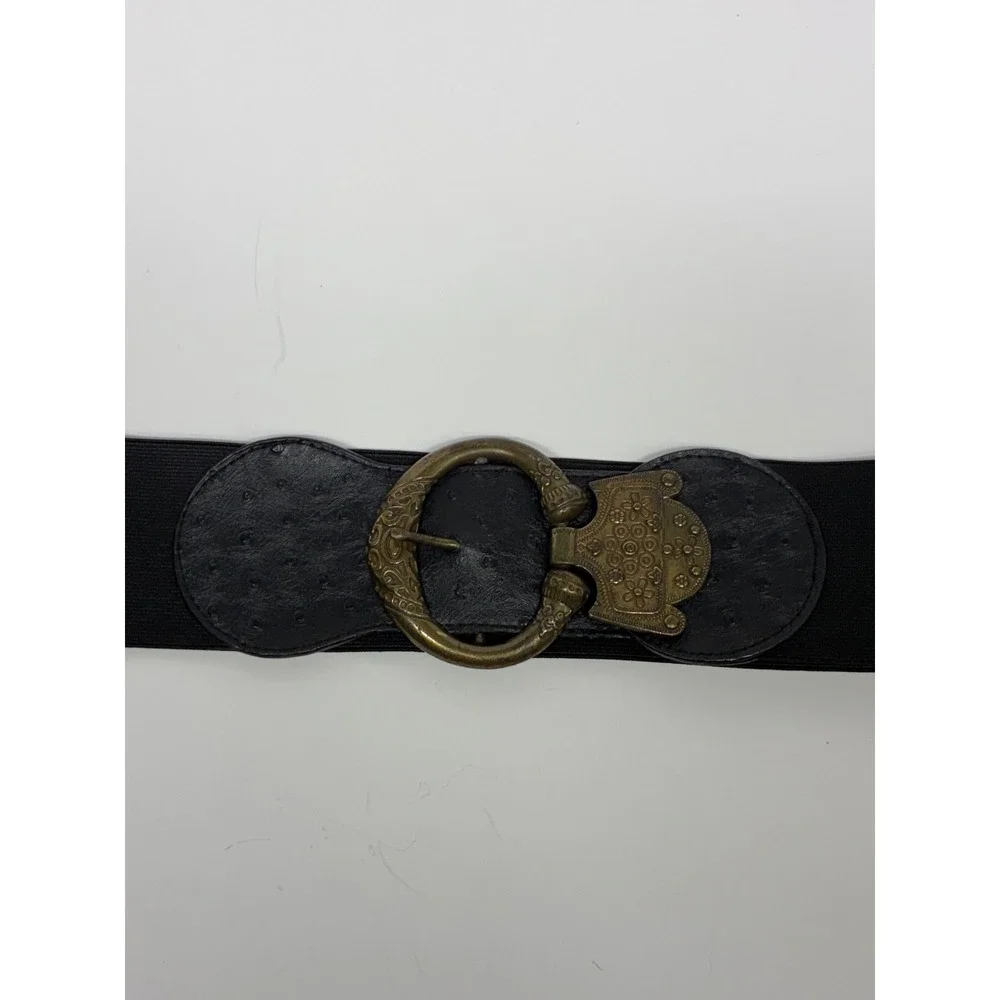 Lake Shore Drive Belt Womens ML Black Elastic Ostrich Print Ornate Brass Buckle
